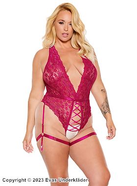 Romantischer Dessous-Teddy, Schnürung, offener Schritt, Blumenspitze, Plus Size